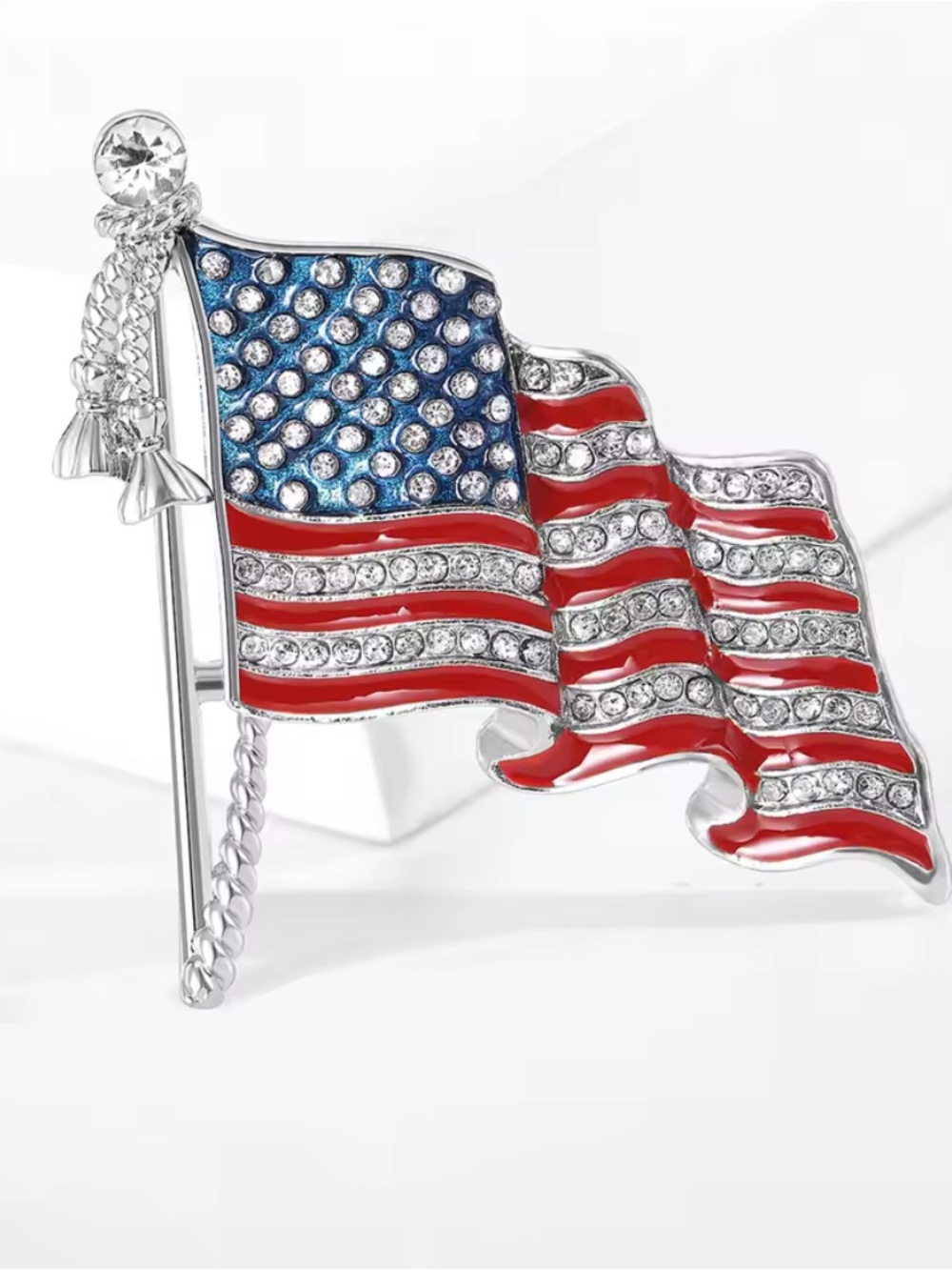 Patriotic Rhinestone American Flag Brooch - Red, Blue, Silver